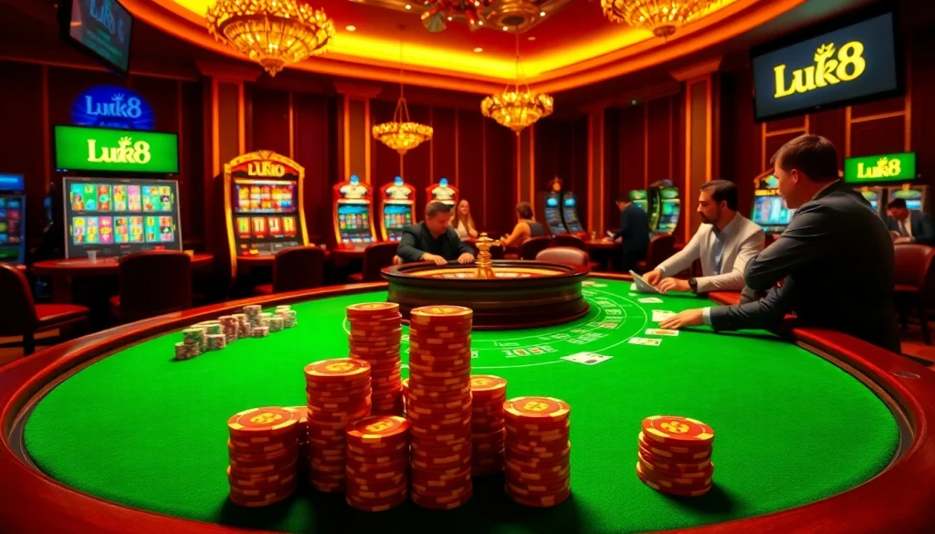 Engaging players enjoying various casino games at Luck8, featuring poker chips and roulette.