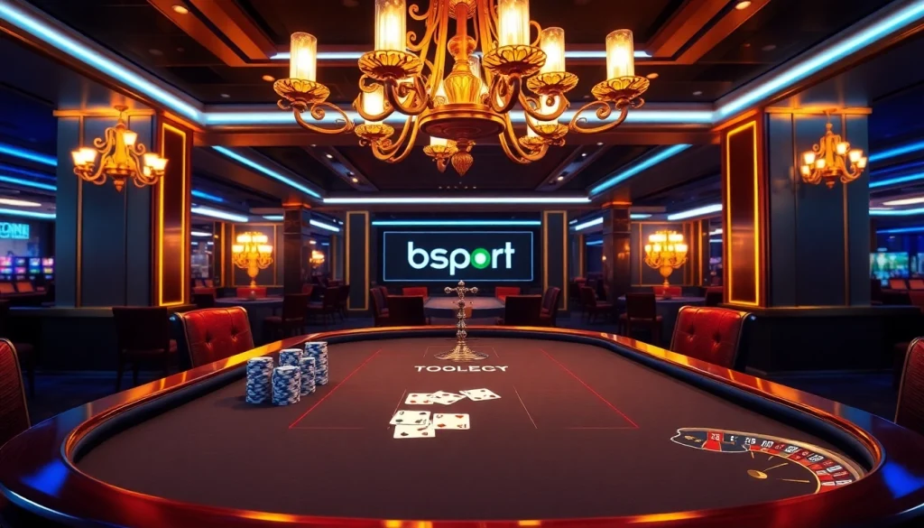 High-stakes poker game with luxury elements highlighting bsport brand in a modern casino ambiance.