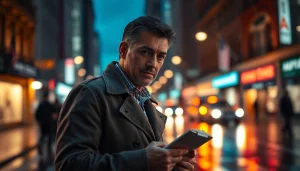 Private detective deeply engaged in a case on a lively city street.