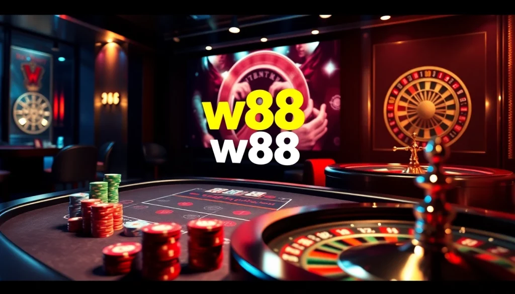 Engaging scene highlighting kèo nhà cái w88 with vibrant poker chips and a dynamic roulette wheel in a luxurious casino.