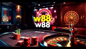 Engaging scene highlighting kèo nhà cái w88 with vibrant poker chips and a dynamic roulette wheel in a luxurious casino.