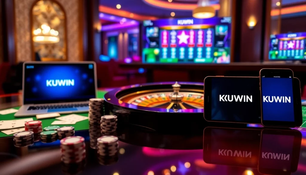 Experience excitement with KUWIN's online casino featuring poker chips, cards, and a roulette wheel.
