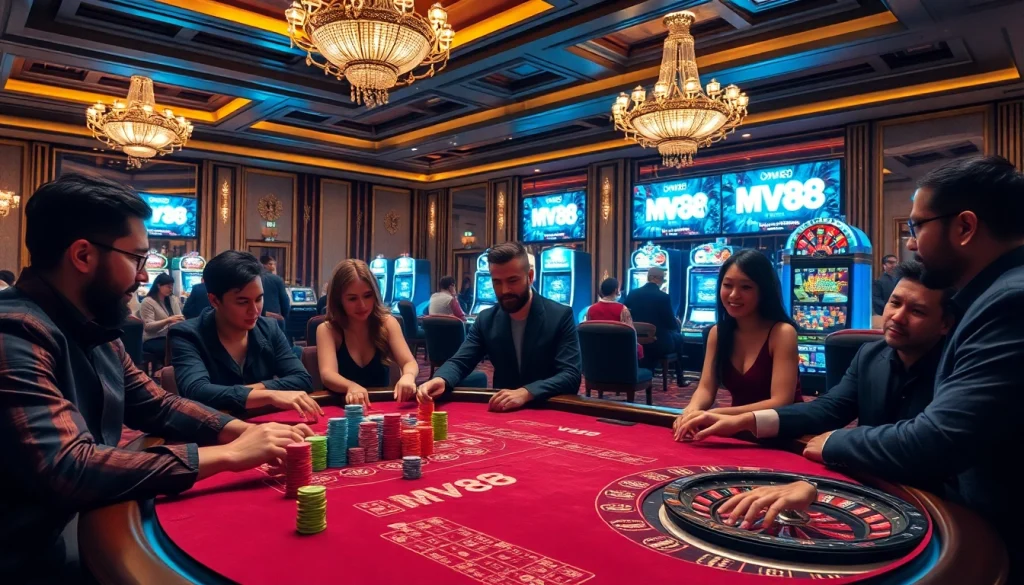 Exciting MV88 casino scene with players at a poker table and roulette wheel.