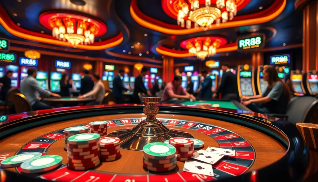 Exciting RR88 casino scene with roulette table, poker chips, and vibrant atmosphere.