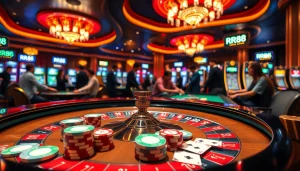 Exciting RR88 casino scene with roulette table, poker chips, and vibrant atmosphere.