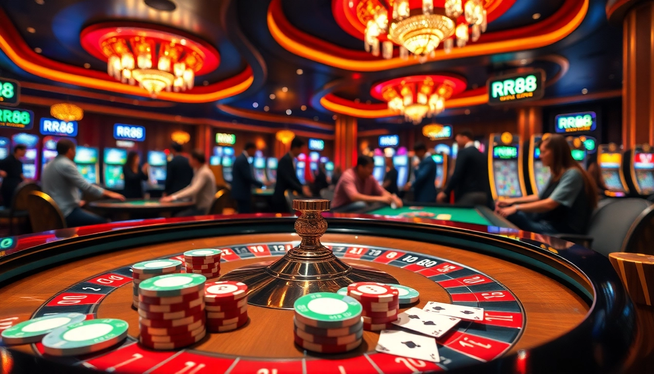 Exciting RR88 casino scene with roulette table, poker chips, and vibrant atmosphere.