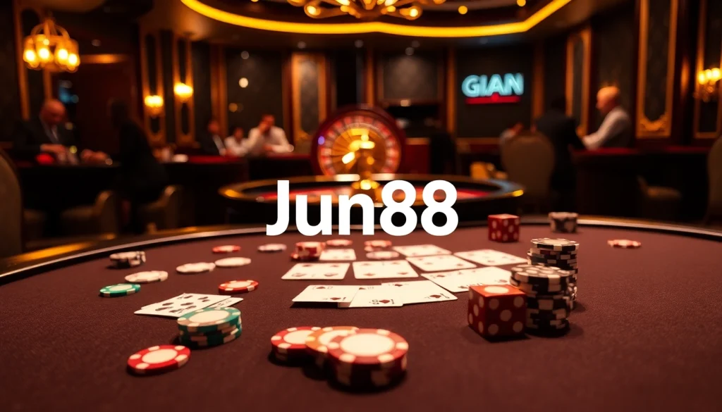 Experience thrilling casino action at https://jun88pl.com/ with vibrant poker chips and illuminated roulette wheel.