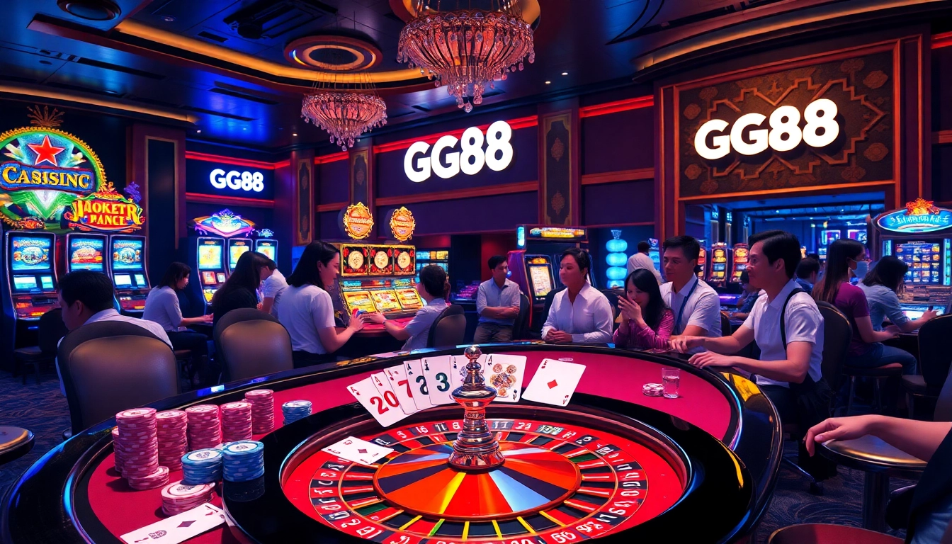 Exciting gambling scene with GG88 branding on casino tables and vibrant games, showcasing high stakes action.