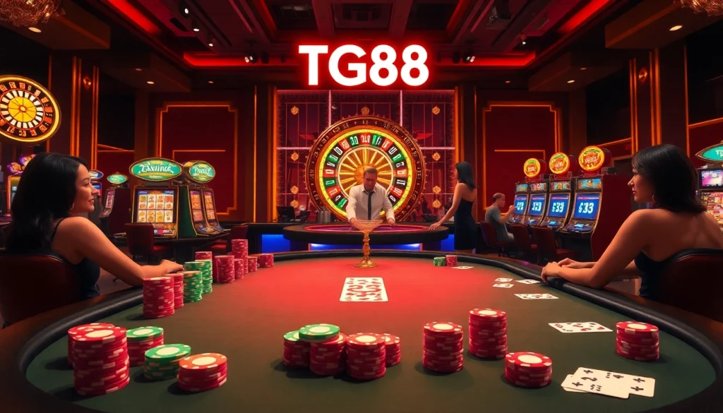 Engage with TG88 at a vibrant casino poker table, surrounded by colorful chips and cards.