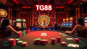 Engage with TG88 at a vibrant casino poker table, surrounded by colorful chips and cards.