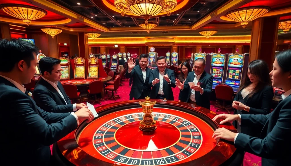 Excited players enjoying a thrilling NK88 casino experience at a roulette wheel and poker table.