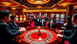 Excited players enjoying a thrilling NK88 casino experience at a roulette wheel and poker table.