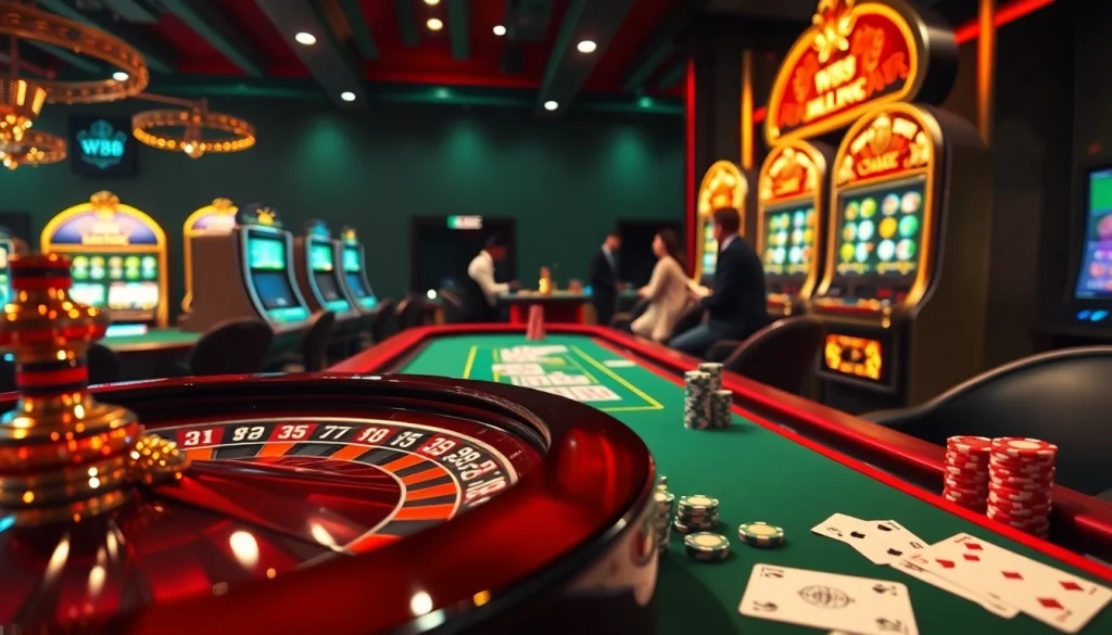 Experience the thrill of W88 with vibrant casino tables, roulette wheels, and excited players.