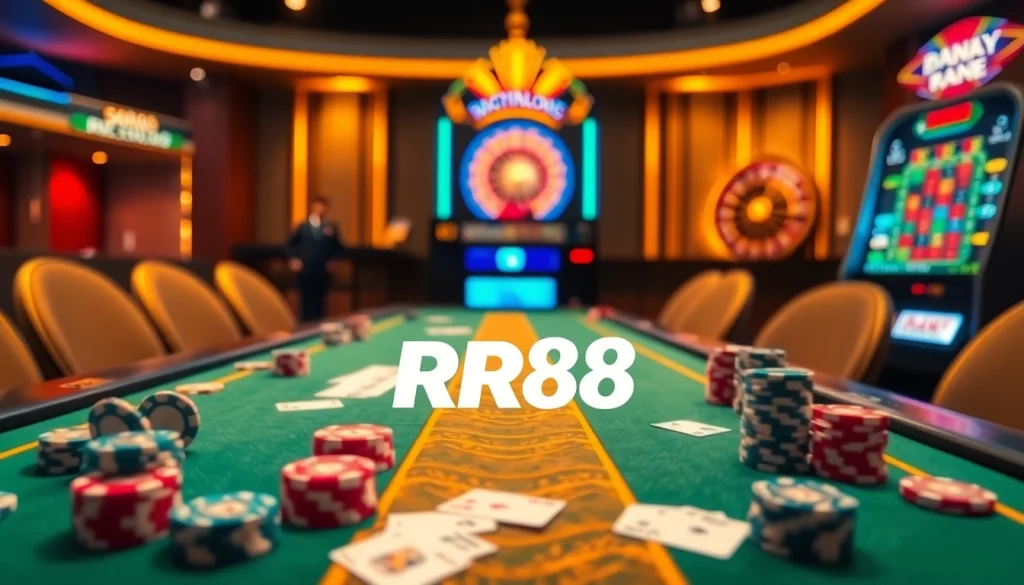 Engage with thrilling RR88 casino games featuring elegant tables and vibrant slot machines.