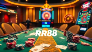 Engage with thrilling RR88 casino games featuring elegant tables and vibrant slot machines.