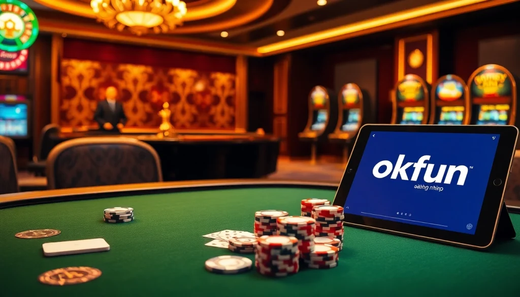 Engage with the thrilling world of casino gaming through okfun đăng nhập, showcasing poker chips and a roulette wheel in a luxurious setting.