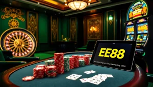 EE88 branded poker table with colorful chips and intense gameplay atmosphere in a luxury casino.