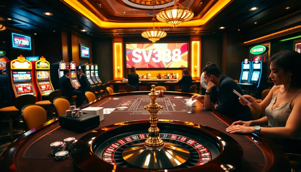 High-stakes gambling at SV388 with poker chips, roulette, and engaged players.