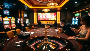 High-stakes gambling at SV388 with poker chips, roulette, and engaged players.
