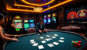 Engage with a thrilling scene at Trang Chủ 56WIN featuring vibrant casino games and luxurious ambiance.