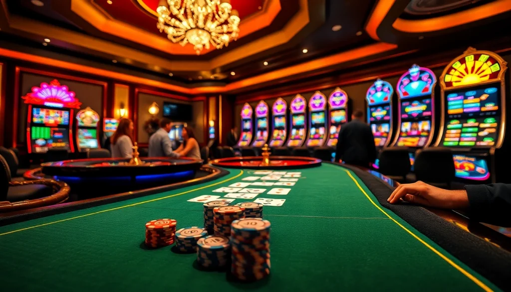 S8 casino scene showcasing poker table with chips and roulette wheel in vibrant atmosphere.