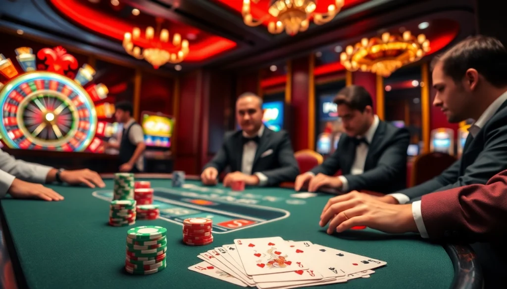 Experience thrilling poker action with KP88 chips and cards on a glamorous casino table.