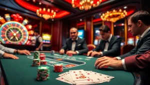 Experience thrilling poker action with KP88 chips and cards on a glamorous casino table.