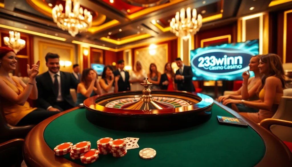 Experience the thrill of winning at 23winn.casino with a lively casino scene featuring poker chips and roulette.