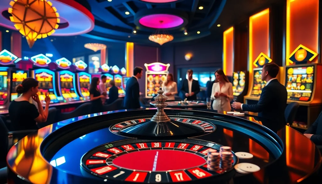 Experience the thrill of gambling at 79king com78 with a luxurious casino scene featuring roulette and slot machines.