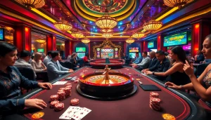 Gamblers enjoying an exciting casino ambiance featuring tg88 themes with vibrant tables and rich colors.
