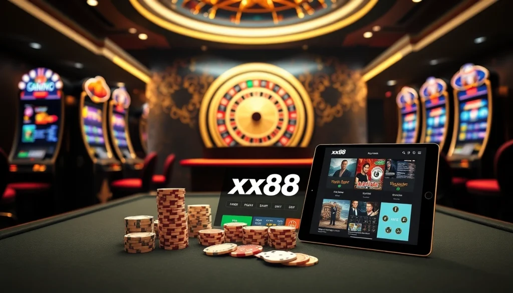 Enjoying an exciting game at xx88.com with vibrant casino elements, poker chips and cards.