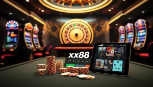 Enjoying an exciting game at xx88.com with vibrant casino elements, poker chips and cards.