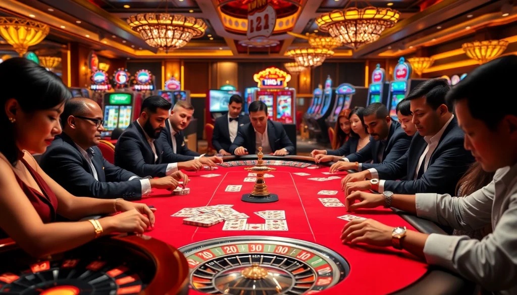 Engage in thrilling high-stakes games with poker players at https://iwin.cn.com/, surrounded by vibrant casino elements.