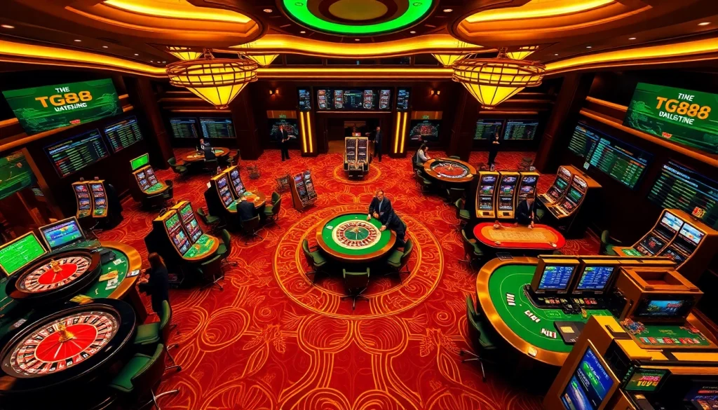 TG88 online casino interface featuring a dynamic gaming atmosphere with vibrant roulette and poker tables.
