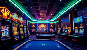 Exciting online gaming scene for k88win with vibrant slot machines and neon lights.