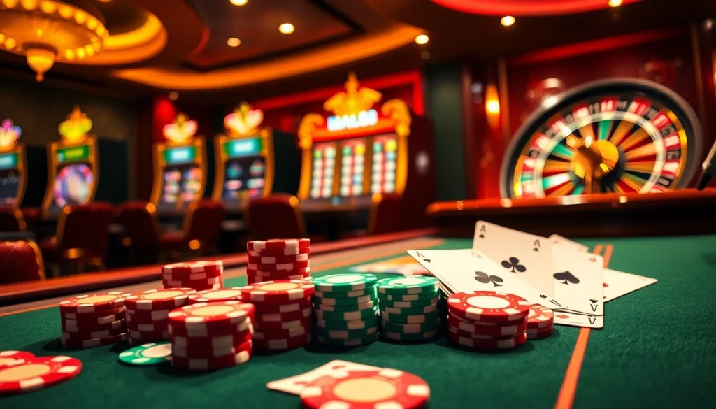 Interactive MM88 casino experience featuring poker, slot machines, and vibrant betting elements.