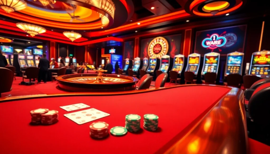 Exciting scene of gambling at ww88 casino with poker chips, roulette wheel, and slot machines.