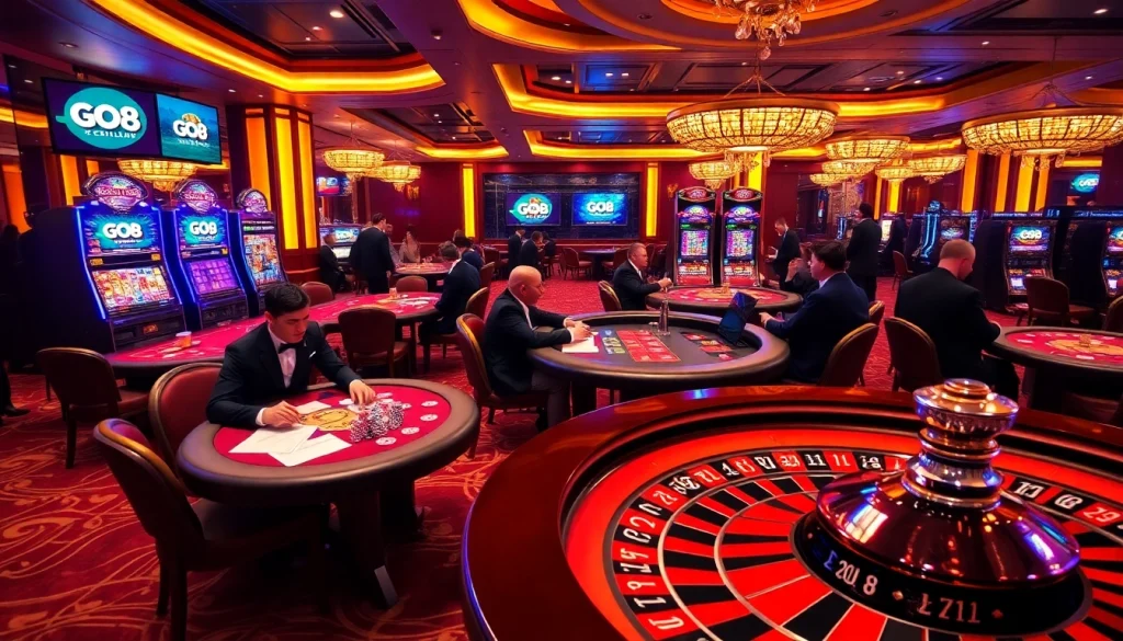 Engaging poker players enjoying GO8-themed games in a luxurious casino atmosphere.