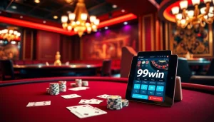 Experience the thrill of winning at 99win with casino games and poker chips in an elegant setting.