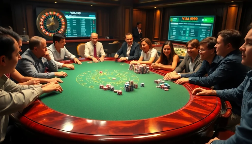 Vua99 offers an exciting poker game scene with players and vibrant poker chips.