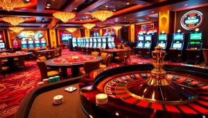 KJC casino scene featuring modern tables, poker chips, and a glowing roulette wheel.