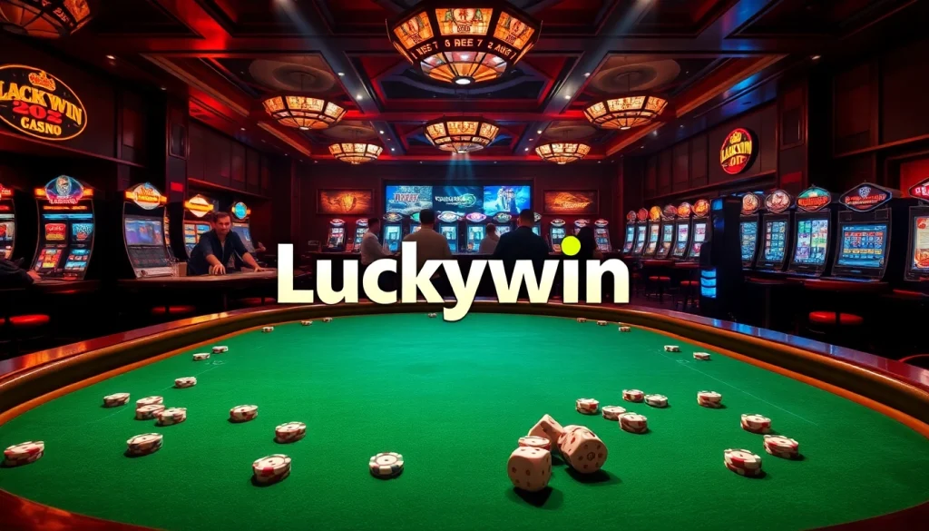 Players enjoying a thrilling game at Luckywin's luxurious casino tables with vibrant slot machines.