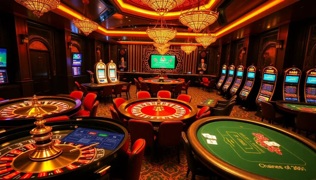 Experience the thrill of AF88 with vibrant casino tables and slot machines in a luxurious setting.