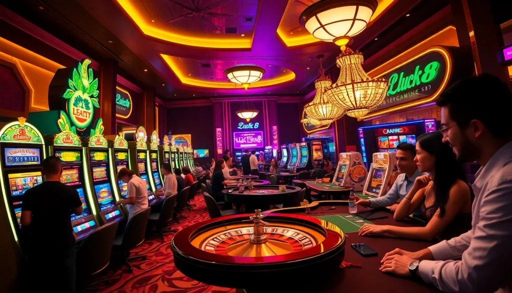 Luck8 players enjoying an exciting gaming experience at luxurious casino tables and slots.