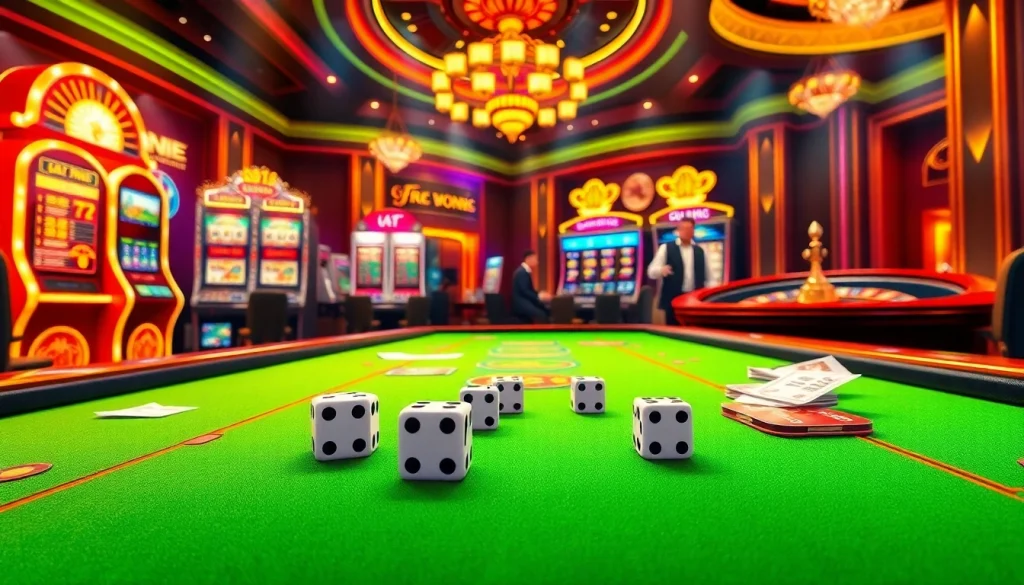 Experience the excitement of tài xỉu md5 at a luxurious casino table with vibrant gaming elements.