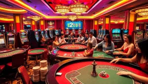 Experience the thrill of casino e2bet with players celebrating wins at stylish gaming tables.