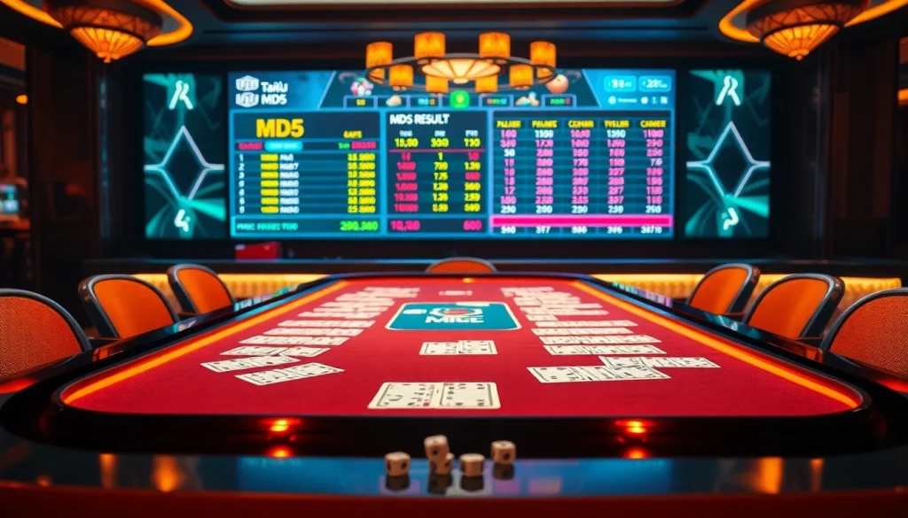 Tài xỉu MD5 gaming table showcasing vibrant chips and betting stats for gamblers.