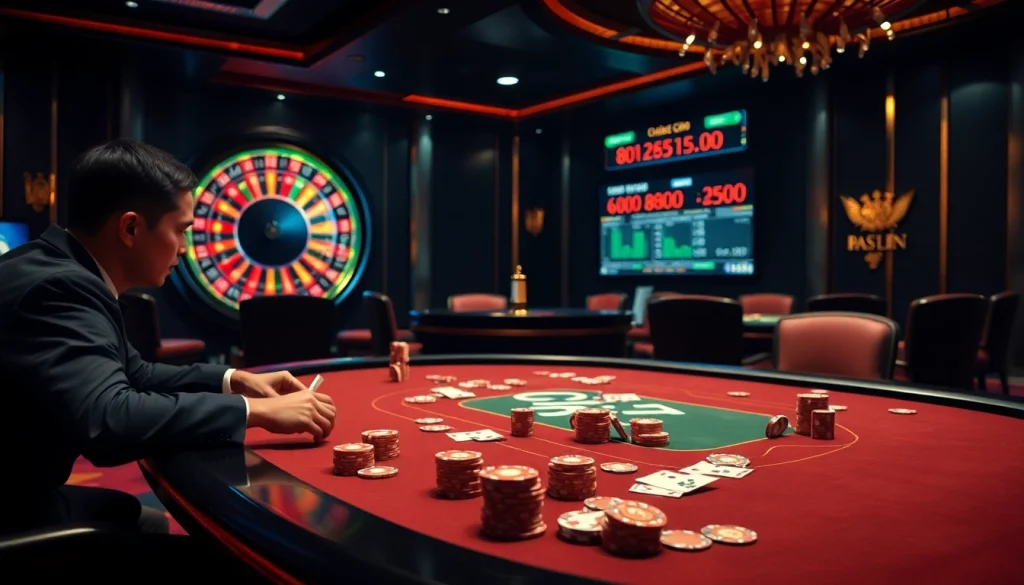 Kèo bóng đá nhà cái showcased in a high-energy casino with poker and roulette tables.