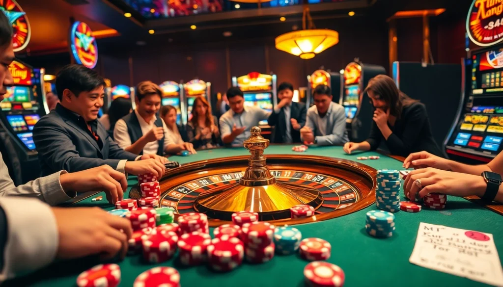 Soi cầu lô kép players strategizing at a lively casino table with colorful chips and lottery tickets.