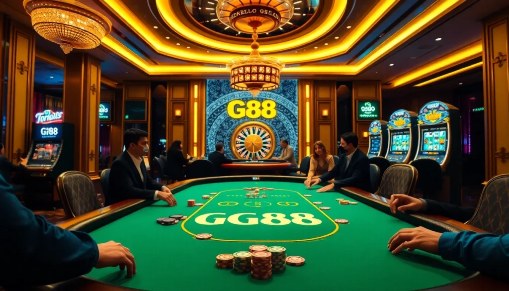 Join the action at GG88 as players strategize at an upscale poker table in a luxurious casino.